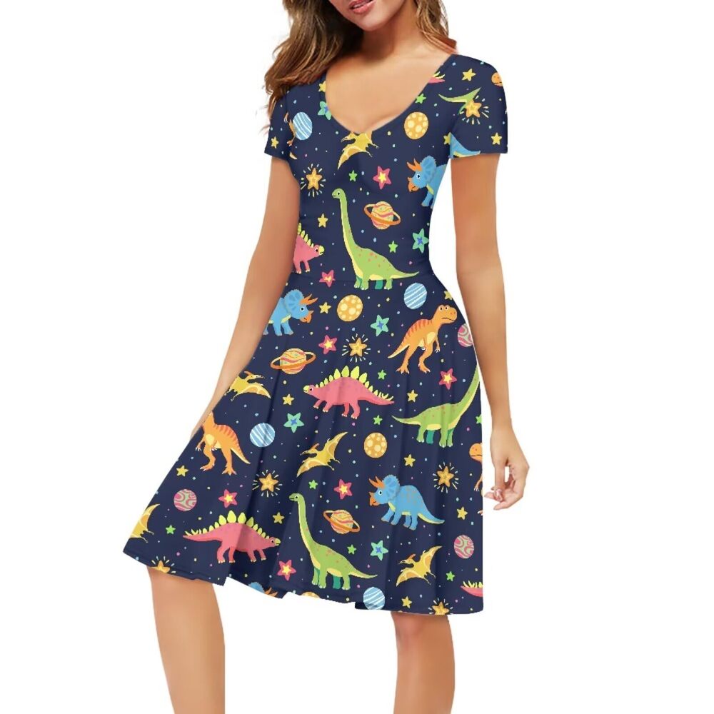 9134 Cartoon Dinosaur Dress for Teacher Dinosaur Lovers Cute Dress Short